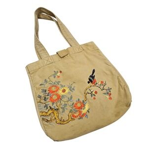 Babylon Tan Canvas Tote Bag‎ Embroidered Floral Bird Shopper Travel Casual Boho